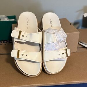 Cole Haan Cream Slide Sandals with Gold Buckles